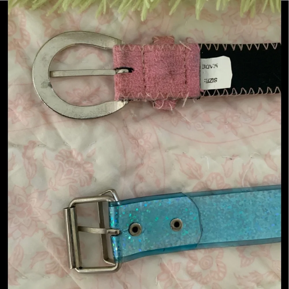 Belt Lot Girls Size 6 Pink Butterfly & Sparkly Blue 2 PCS Velvet Rubber Buckle